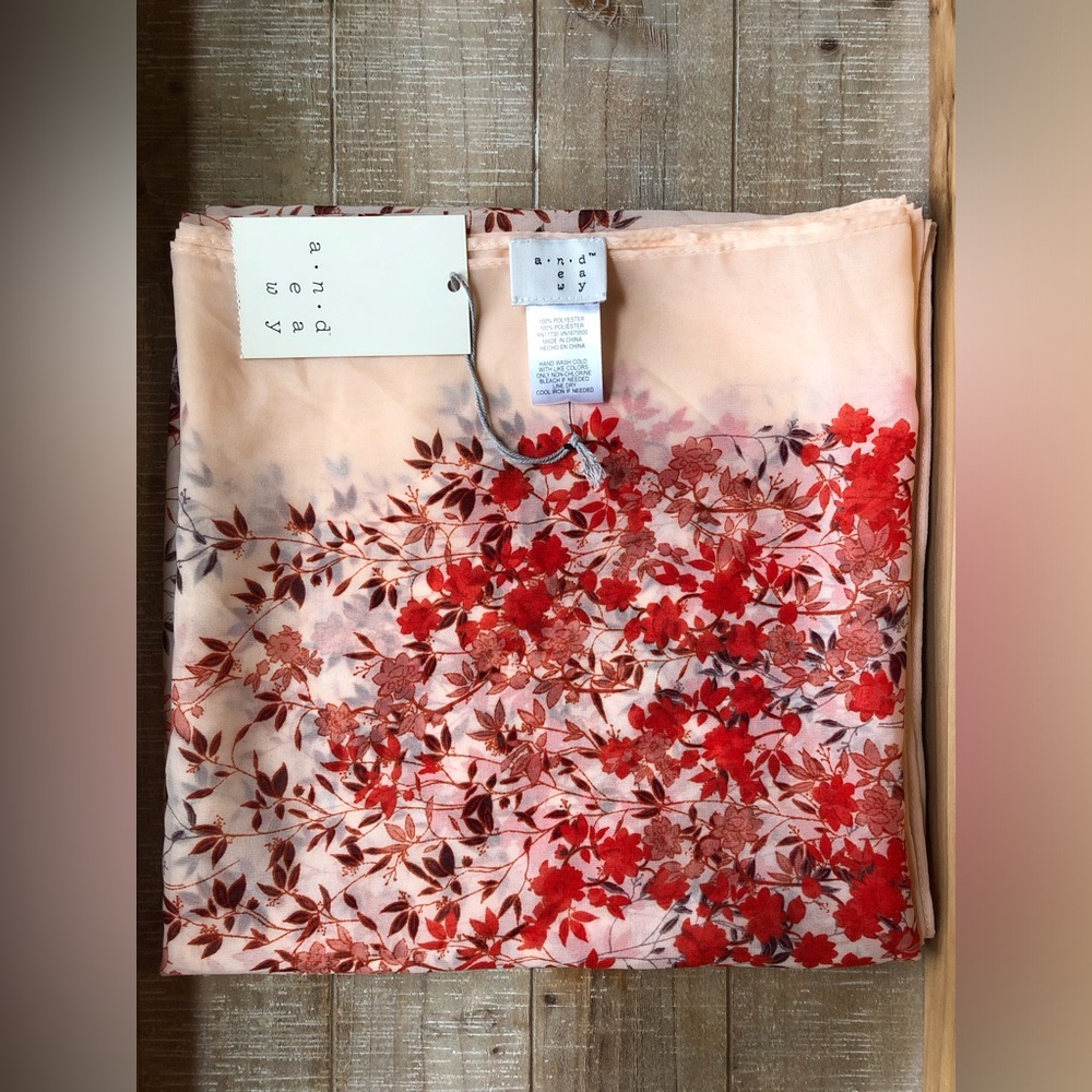 Floral Print Large Square Scarf in Red and Peach Cream
